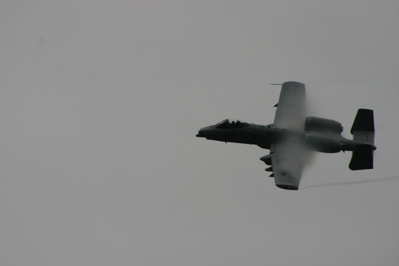 Water vapor forming over the wings of an A-10